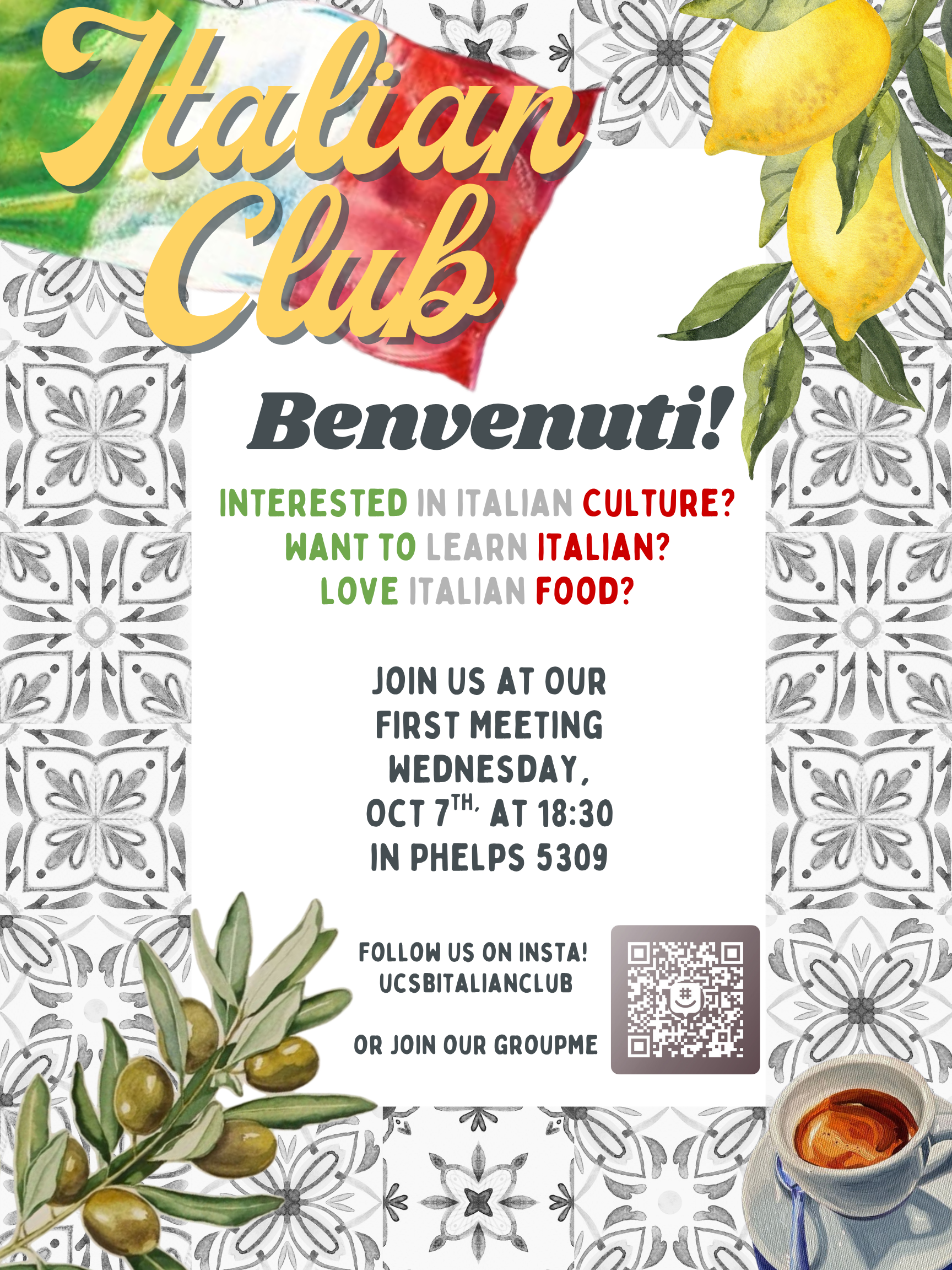 Colorful poster describing Italian club first event