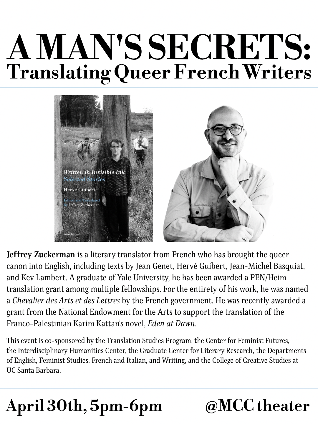 poster with book cover and headshot of smiling man